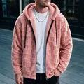 Felpa da uomo rosa con cappuccio e zip in pile a scacchi con fodera termica spessa - Taglia S / Top / Rosa