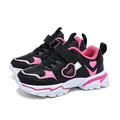 Girls' lightweight black and pink sneakers with heart design and secure Velcro strap. - Black/Rose Red