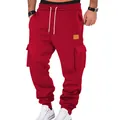 Pantalones cargo rojos para hombre con cintura con cordón y bolsillos laterales con solapa - Rojo