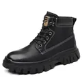 Bottes de travail Martin noires pour hommes avec semelle crantée épaisse et coutures - Noir Non Doublé