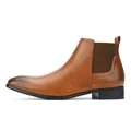 Men's brown leather Chelsea boots with small square toe and elastic side panels - 40 / Brown PU