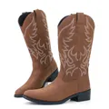 Close-up of vintage brown men's Western cowboy boots featuring white embroidery details. - 7 / Dark Brown