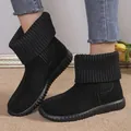 Winter women's black suede snow boots featuring a knitted cuff and flat anti-slip rubber soles - 36 / Black