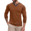 Gedetailleerd overzicht van een bruin heren-T-shirt met V-hals en lange mouwen van katoen - Khaki