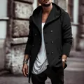 Men's stylish black hooded mid-length trench coat featuring double-breasted button design - S / Tops / Black