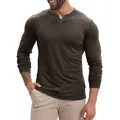 Detail van heren katoenen T-shirt met lange mouwen en grijze V-hals afwerking - Legergroen