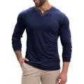 Detail van het marineblauw katoenen T-shirt met lange mouwen en V-hals voor heren - Saffierblauw