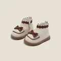 Elegante cremefarbene Kleinkind-Prinzessinnenstiefel mit brauner Schleife und Wellenrand - Innenlänge 11.5cm / Beige (M13MBX8772)