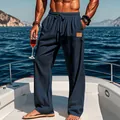 Dettaglio dei pantaloni casual da uomo in cotone e lino blu navy con coulisse - Blu navy