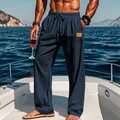Navy blue men's cotton-linen drawstring straight-leg trousers for casual beach yacht wear. - Navy Blue