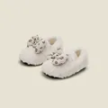 Zapatos de peluche blanco para bebé con lazos decorativos para el calor del invierno - Longitud Interior 11cm / Estilo de Lazo Diamantes de Imitación Perla Artificial (M22MBX2617) / Blanco Roto