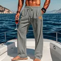 Men's grey linen straight-leg drawstring trousers for summer beach and casual wear - Gray