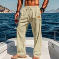 Pantaloni da uomo in lino beige traspirante con coulisse per spiaggia e tempo libero - Cachi