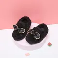 Plüschige schwarze Baby Mädchen Prinzessin Schuhe mit Schleife und weicher Sohle für den Winter - Innenlänge 14.0cm (Größe 22) / Plüsch-Lauflernschuhe mit Schleife (M22MBX1627) / Schwarz