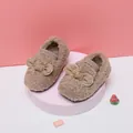 Warme braune Fleece-Lauflernschuhe für Kleinkinder mit weichen Sohlen und Schleifen - Innenlänge 14.0cm (Größe 22) / Schleife Dekor Stil (M22MBX1627) / Khaki