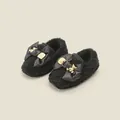 Zapatos peludos negros para niños pequeños con lazo de satén y osito dorado - Longitud Interior 14.0CM / Estilo de Decoración con Lazo y Oso (M22MBX2616) / Negro