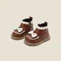 Stylische braune Mädchen-Stiefeletten mit weißer Schleife und Muschelrandverzierung - Innenlänge 11.5cm / Braun