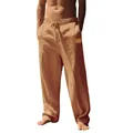 Detailed close-up showing the breathable texture of men's loose linen casual pants - Earthy Yellow
