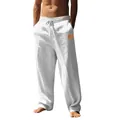 Detailed view of men's loose white cotton linen drawstring casual beach pants in soft fabric - White