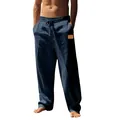 Close-up of men's loose cotton linen casual pants with drawstring waist in navy blue - Navy Blue