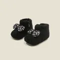 Botas de bebé negras con un lazo floral para caminar y mantener el calor interior - Longitud Interior 11cm / Botas de Peluche con Lazo y Cremallera (M38MBX7527) / Negro