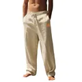 Men's breathable linen casual pants with drawstring waist and loose straight leg fit - Khaki