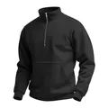 Detail of men's black waffle knit sweatshirt featuring half-zip and kangaroo pocket - S / Tops / Black