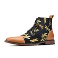 Men's vintage ankle boots with golden dragonfly embroidery and brown leather trim. - 41 / Brown Patchwork Dragonfly Embroidery