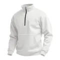 Close-up of white waffle knit long sleeve sweatshirt with stand collar and half-zip - S / Tops / White
