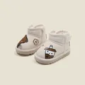 Cozy cream toddler snow boots with cute cartoon bear and bubble tea patches. - Inner Length 12.0cm / Bear & Milk Tea Cartoon Style (M2MBX357) / Beige