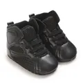 Detailed view of black mesh and leather high-top baby walking shoes with soft soles. - Black