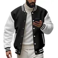 Detailed view of men's black and white color block varsity jacket with striped cuffs - S / Tops / Black