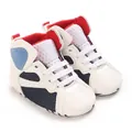 Detailed view of infant mid-top casual walking shoes with soft sole in white and red - Blue