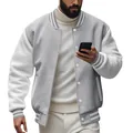 Close-up of grey and white color-block men's varsity jacket with striped rib cuffs - S / Tops / Light Gray