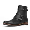 Detailed side view of men's black vintage leather boots with metal buckles and side zipper - 40 / Black
