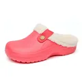 Pink winter warm clogs featuring white plush fleece lining for cozy indoor home use - Red