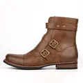 Vintage brown men's cowboy boots featuring triple metal buckles and low heel style - 40 / Brown