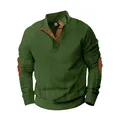 Close-up of green jacquard texture and brown faux leather detailing on a men's sweatshirt - S / Tops / Army Green