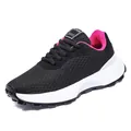 Breathable black girls mesh sneakers featuring pink lining and white chunky sole - Black Pink