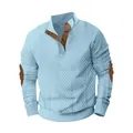 Detail of men's light blue jacquard sweatshirt with leather collar trim and buttons - Sky Blue