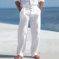 Pantaloni da spiaggia in lino bianco da uomo con coulisse e dettagli di bottoni - Bianco