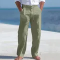 Pantaloni da spiaggia in lino da uomo verde salvia con coulisse e bottoni decorativi - Verde militare