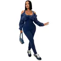 Sexy off-shoulder washed blue bodycon jumpsuit with matching shrug for a chic street look. - S / Set / Blue