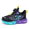 Boys lightweight athletic sneakers with dial lace and colorful dragon pattern design - 28 / Black Purple Leather Style