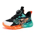 Lightweight boys sports sneakers featuring a rotary buckle and colorful dragon motifs - 28 / Black & Orange Mesh
