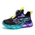 Boys black lightweight sports shoes with cool flame pattern and rotary buckle - Black Purple Mesh