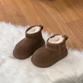 Detailed close-up of brown children's snow boots with warm plush lining and thick soft soles - Size 23 / Inner Length 14.5CM / Brown