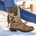Botas de nieve vintage de media pierna con cuello de punto en la nieve - Caqui