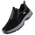 Close-up of the black suede-like outdoor walking shoe for men featuring a grey sole - Black
