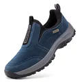 A detailed side view of a blue suede outdoor walking shoe featuring a durable grip sole - Blue
